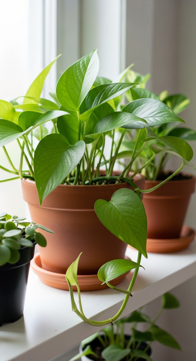 a lush pothos plant in a terracotta pot on a white shelf