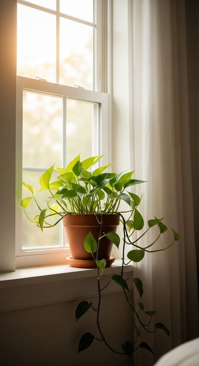 a pothos plant in a pot near a bright window