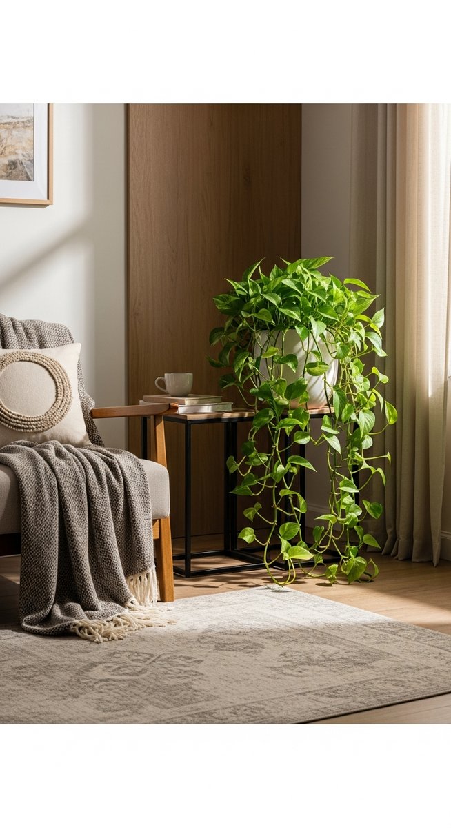 a large thriving pothos plant as a living room focal point, for cebu blue pothos