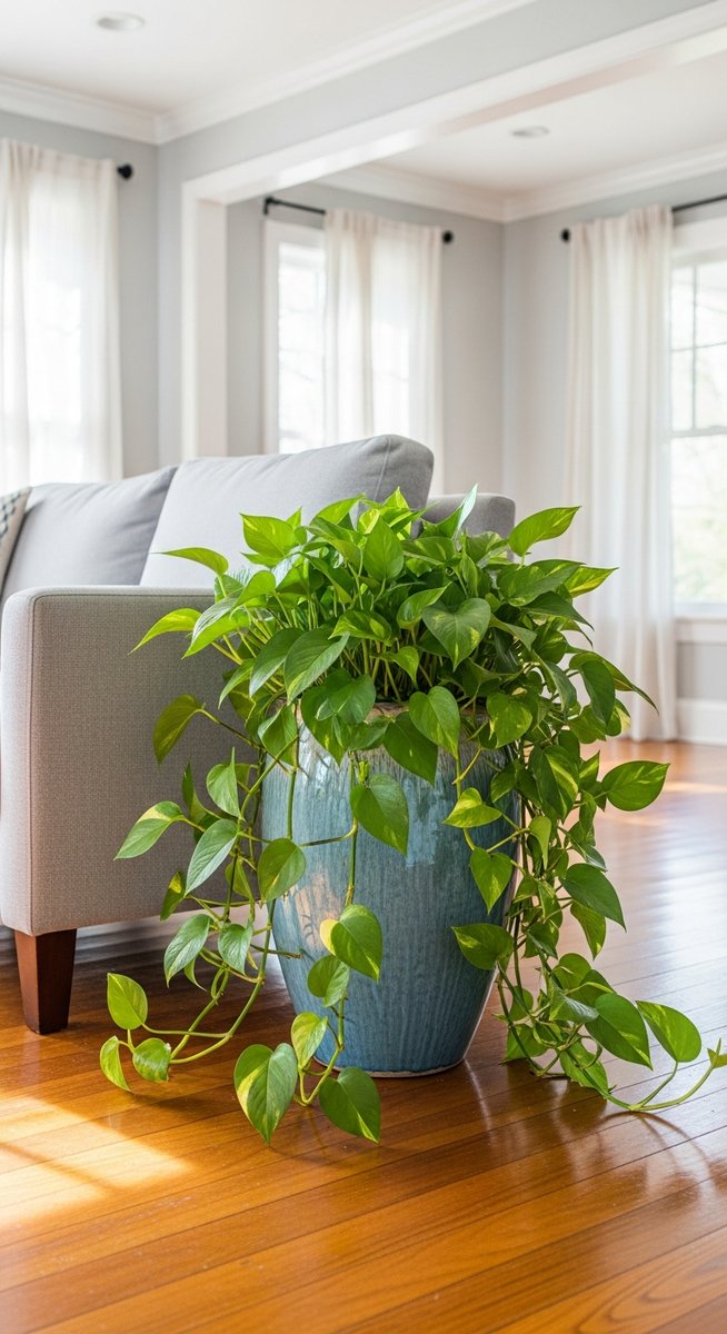 a pothos plant in a decorative pot on a wooden floor