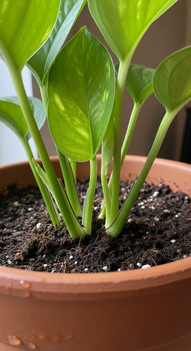 close-up of the base and lower leaves of a pothos plant, for cebu blue pothos
