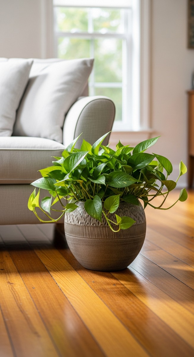 a pothos plant in a decorative pot on a wooden floor