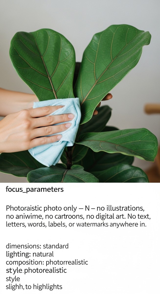 Close-up of a pair of hands gently wiping a large fiddle leaf fig leaf with a so, for clean fiddle leaf fig leaves