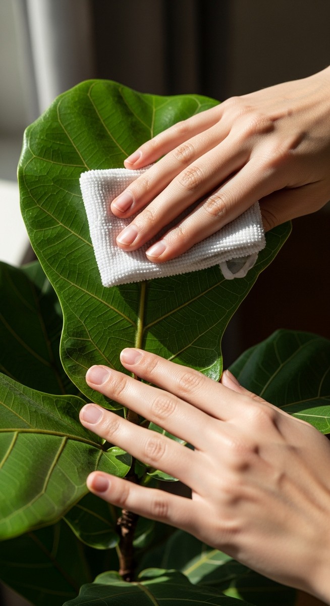 Close-up of a pair of hands gently wiping a large fiddle leaf fig leaf with a so