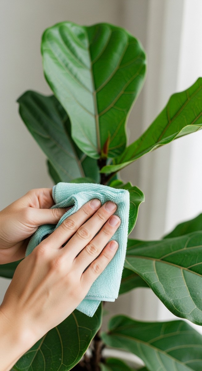 Close-up of a pair of hands gently wiping a large fiddle leaf fig leaf with a so, for clean fiddle leaf fig leaves