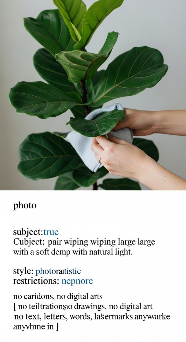 Close-up of a pair of hands gently wiping a large fiddle leaf fig leaf with a so