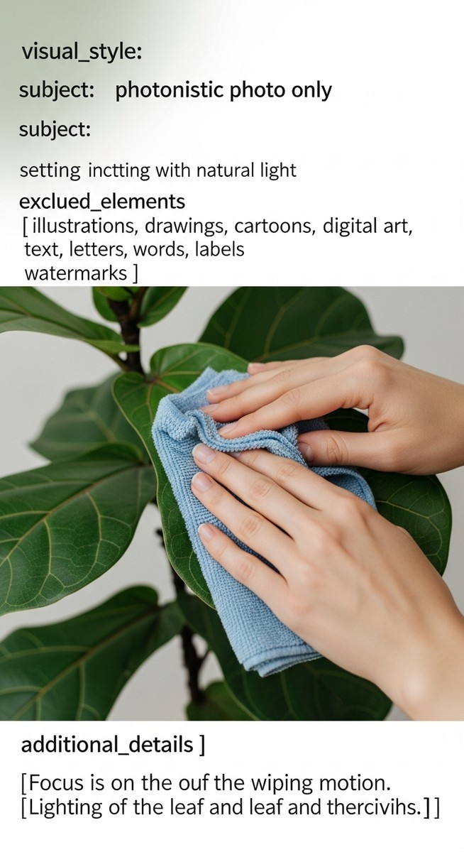 Close-up of a pair of hands gently wiping a large fiddle leaf fig leaf with a so, for clean fiddle leaf fig leaves
