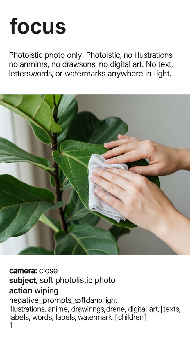 Close-up of a pair of hands gently wiping a large fiddle leaf fig leaf with a so