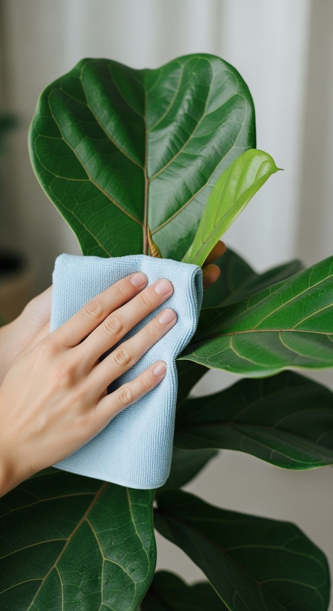 Close-up of a pair of hands gently wiping a large fiddle leaf fig leaf with a so