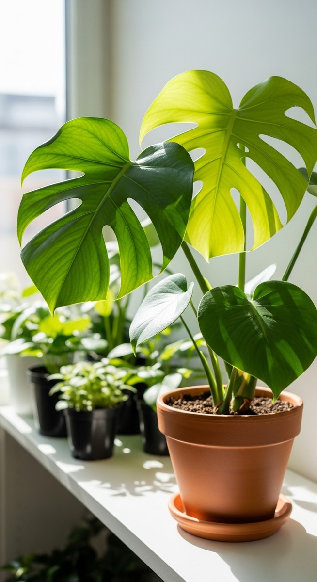 a lush monstera plant in a terracotta pot on a white shelf