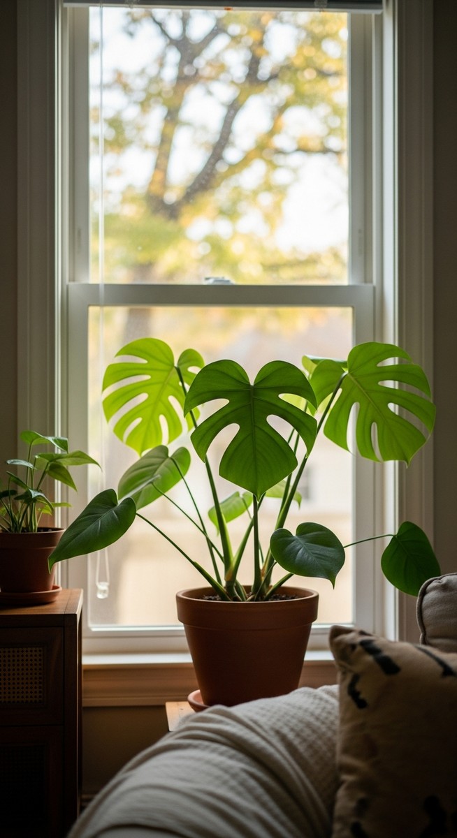 a monstera plant in a pot near a bright window