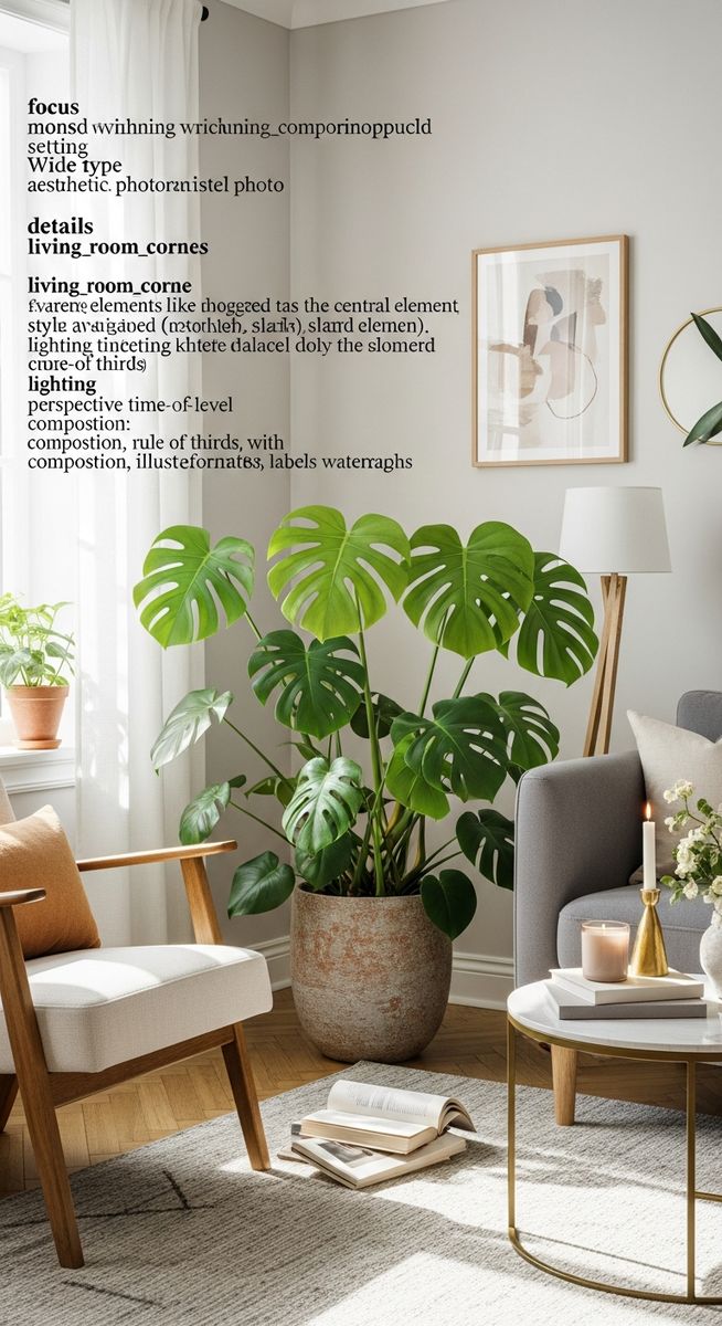 a large thriving monstera plant as a living room focal point, for clean monstera leaves