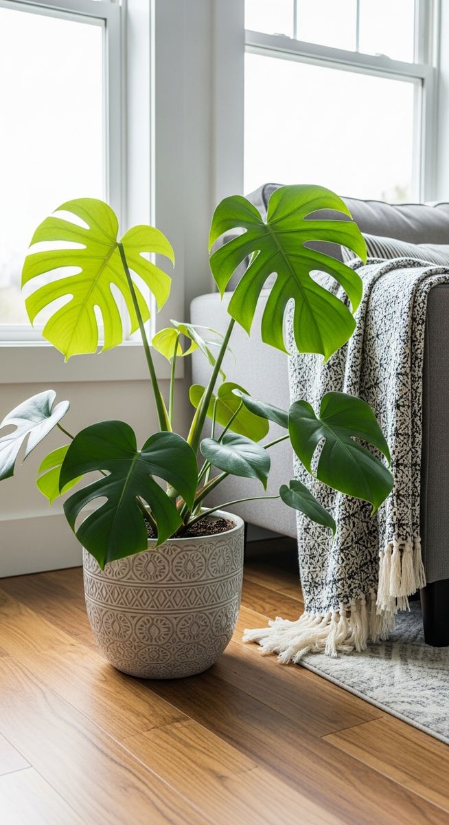 a monstera plant in a decorative pot on a wooden floor