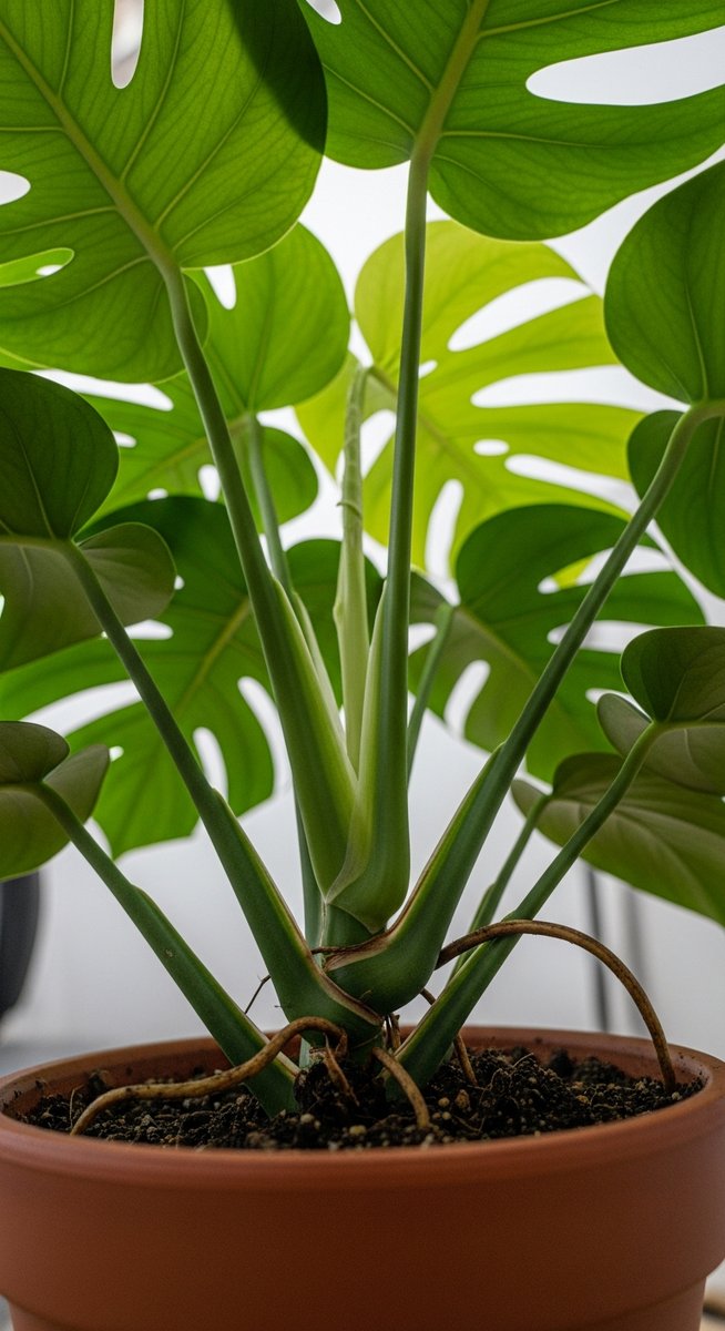 close-up of the base and lower leaves of a monstera plant, for clean monstera leaves