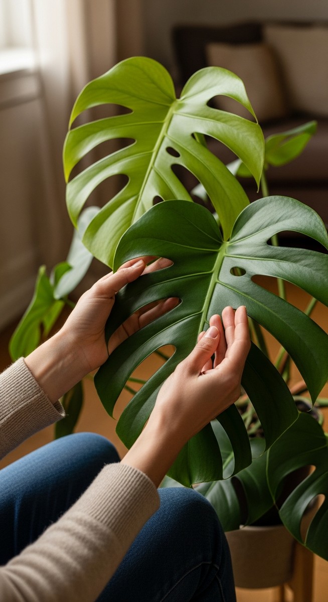 hands touching the leaves of a healthy monstera plant