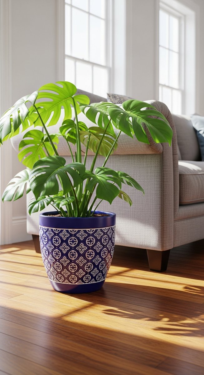 a monstera plant in a decorative pot on a wooden floor