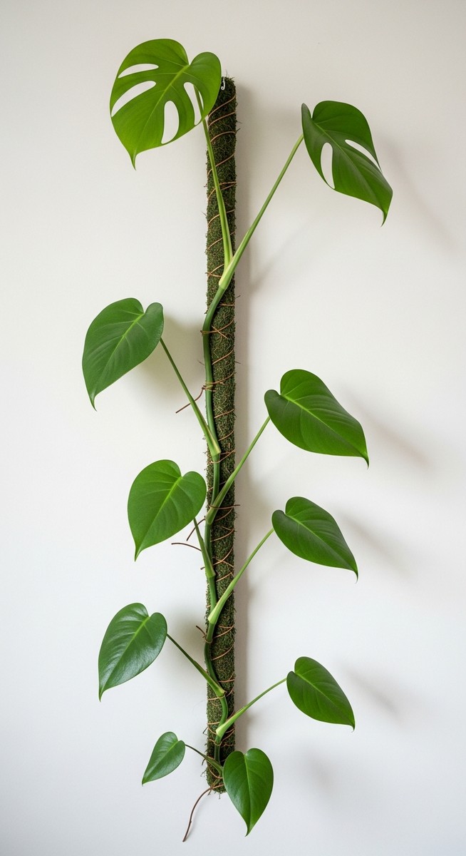 A monstera houseplant with its stems trained to grow upward along a trellis or m, for climbing monstera