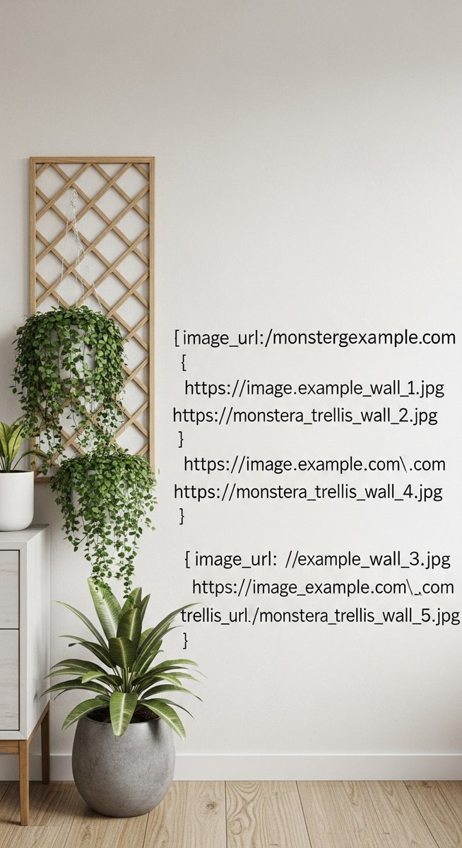 A monstera houseplant with its stems trained to grow upward along a trellis or m