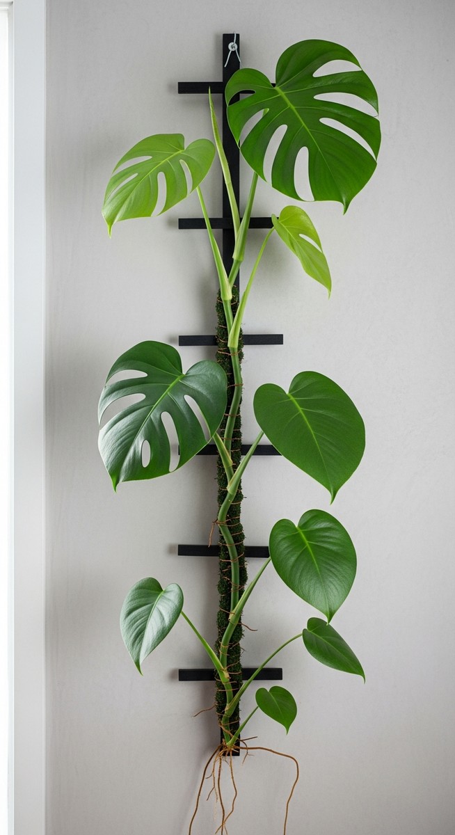 A monstera houseplant with its stems trained to grow upward along a trellis or m, for climbing monstera