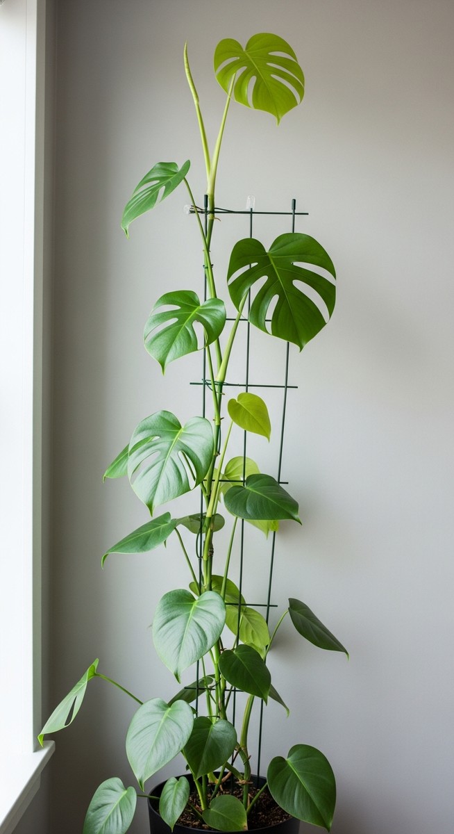 A monstera houseplant with its stems trained to grow upward along a trellis or m