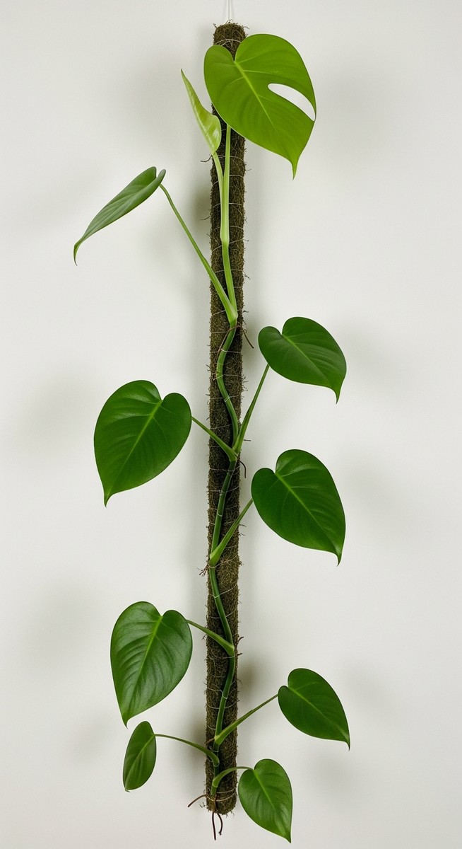 A monstera houseplant with its stems trained to grow upward along a trellis or m, for climbing monstera