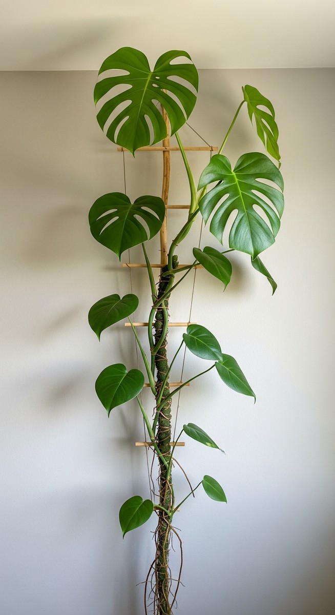 A monstera houseplant with its stems trained to grow upward along a trellis or m
