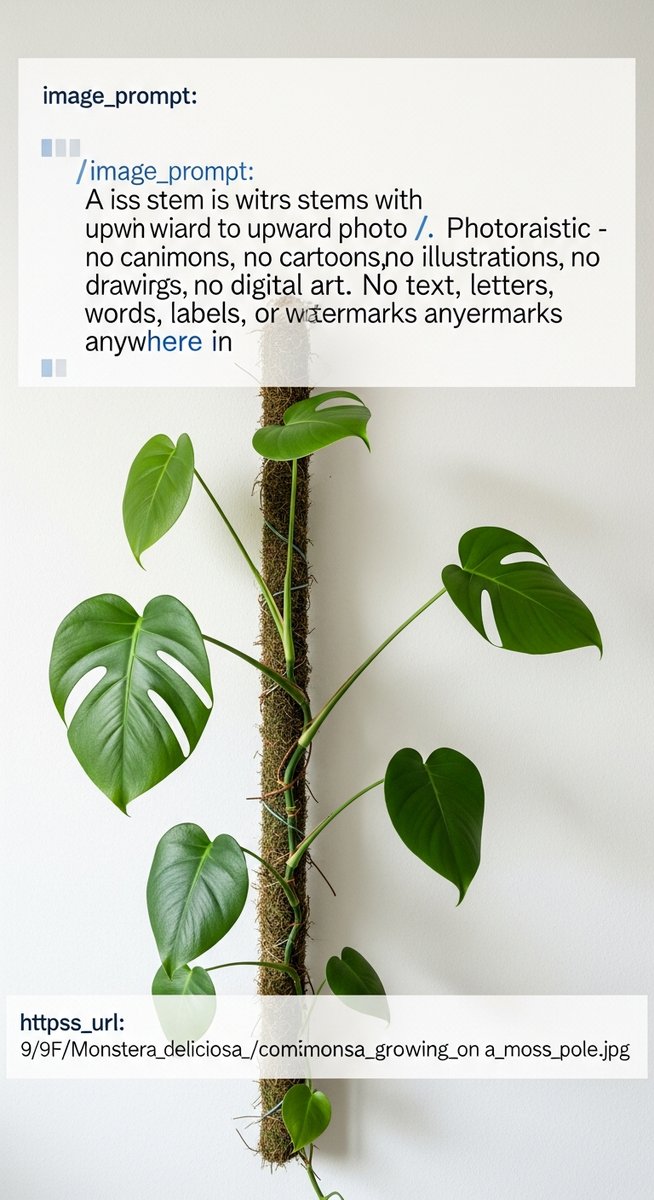 A monstera houseplant with its stems trained to grow upward along a trellis or m, for climbing monstera
