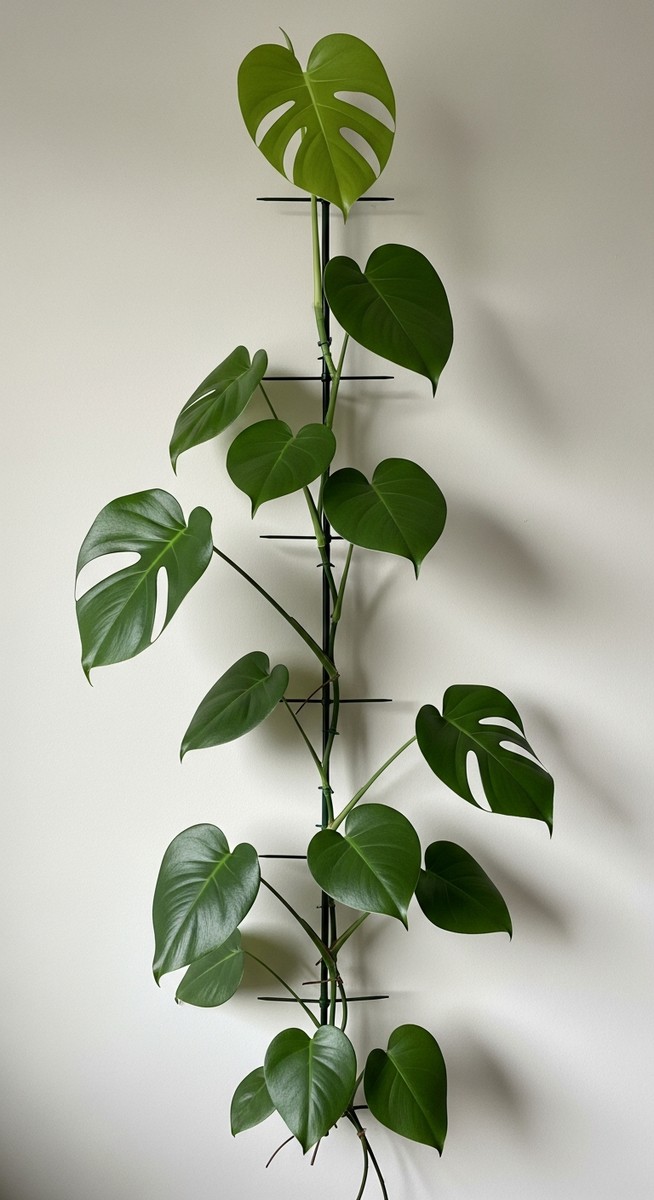 A monstera houseplant with its stems trained to grow upward along a trellis or m