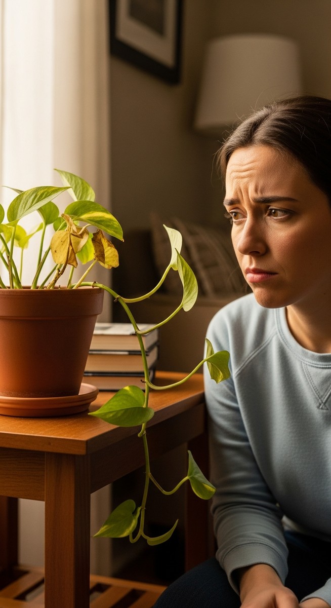 A slightly stressed houseplant such as a pothos or monstera in a pot with a pers, for common houseplant mistakes