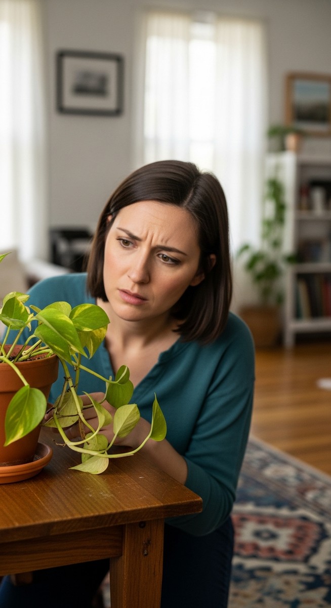 A slightly stressed houseplant such as a pothos or monstera in a pot with a pers