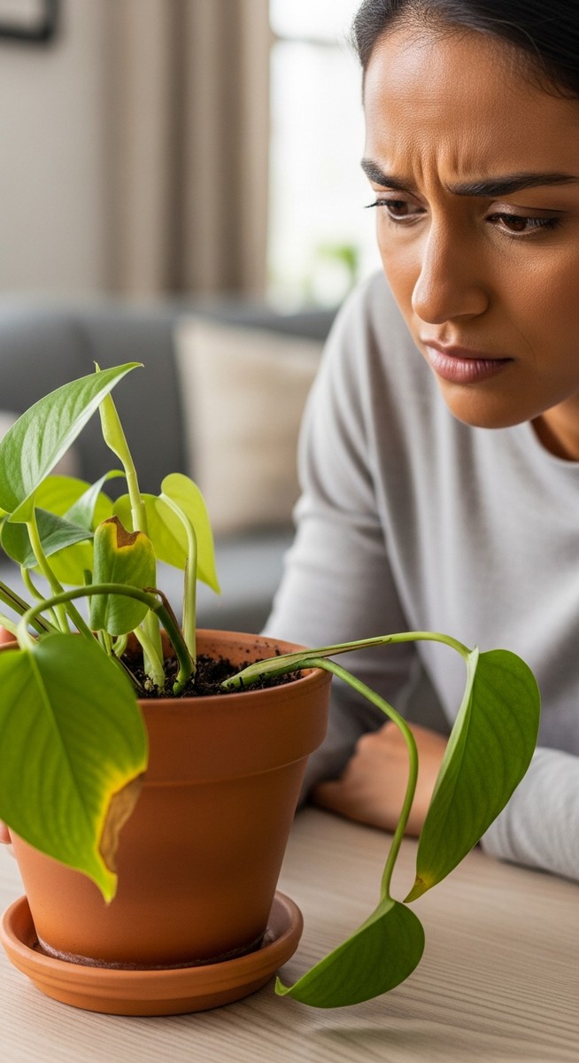 A slightly stressed houseplant such as a pothos or monstera in a pot with a pers