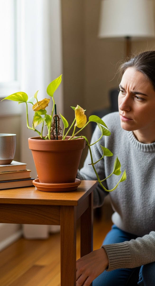 A slightly stressed houseplant such as a pothos or monstera in a pot with a pers, for common houseplant mistakes