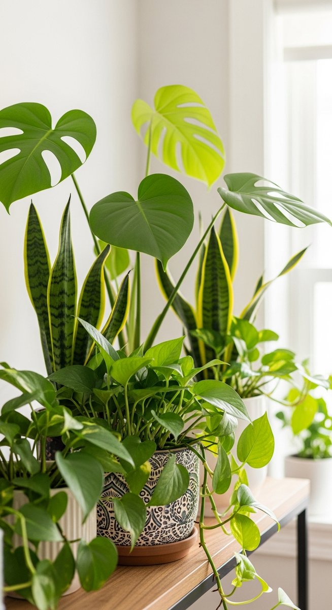 a a selection of common houseplants including monstera, pothos and snake plant plant in a decorative pot on a shelf, for common houseplants