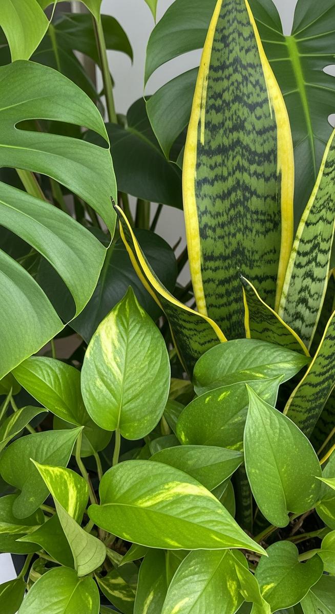 close-up detail of a selection of common houseplants including monstera, pothos and snake plant leaf texture colour and markings