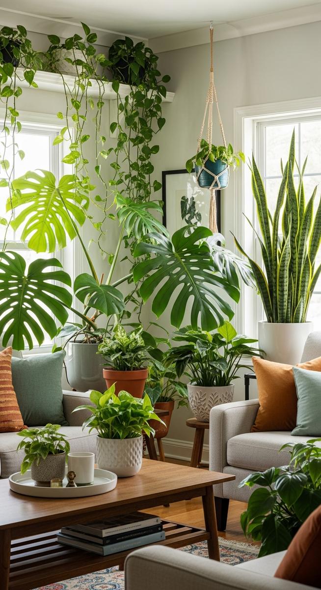 a well-grown a selection of common houseplants including monstera, pothos and snake plant plant showing its natural growth habit, for common houseplants