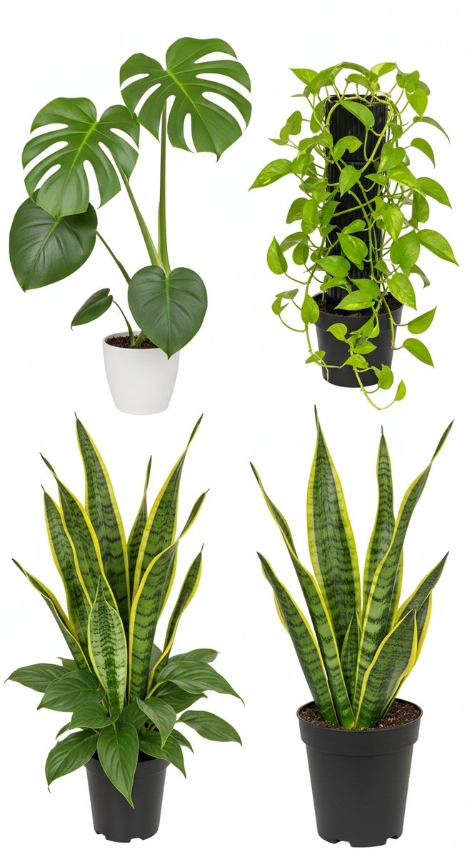 side view of a a selection of common houseplants including monstera, pothos and snake plant plant showing its growth habit and leaf shape