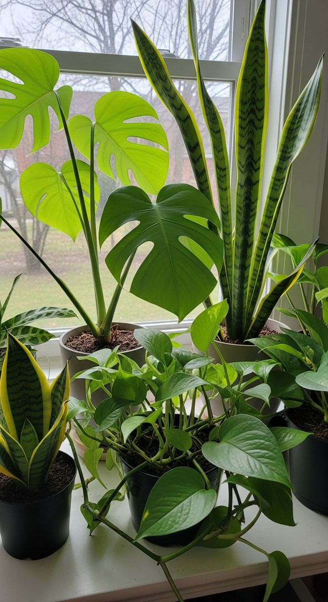 a a selection of common houseplants including monstera, pothos and snake plant plant in natural light showing its variety-specific markings