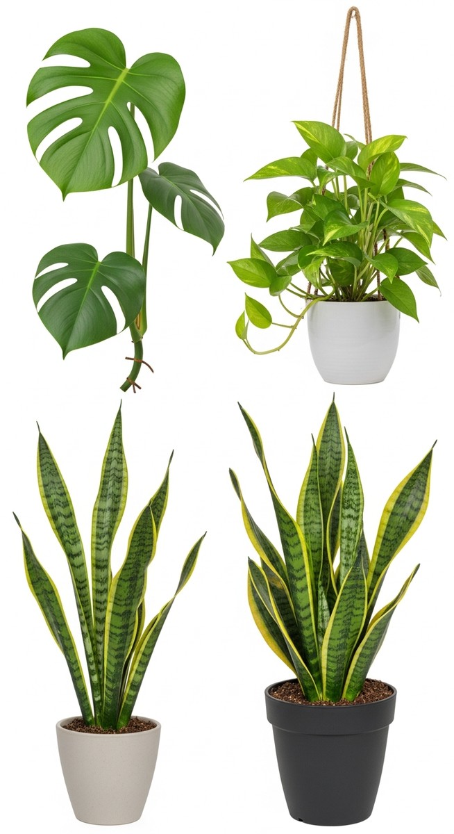 side view of a a selection of common houseplants including monstera, pothos and snake plant plant showing its growth habit and leaf shape