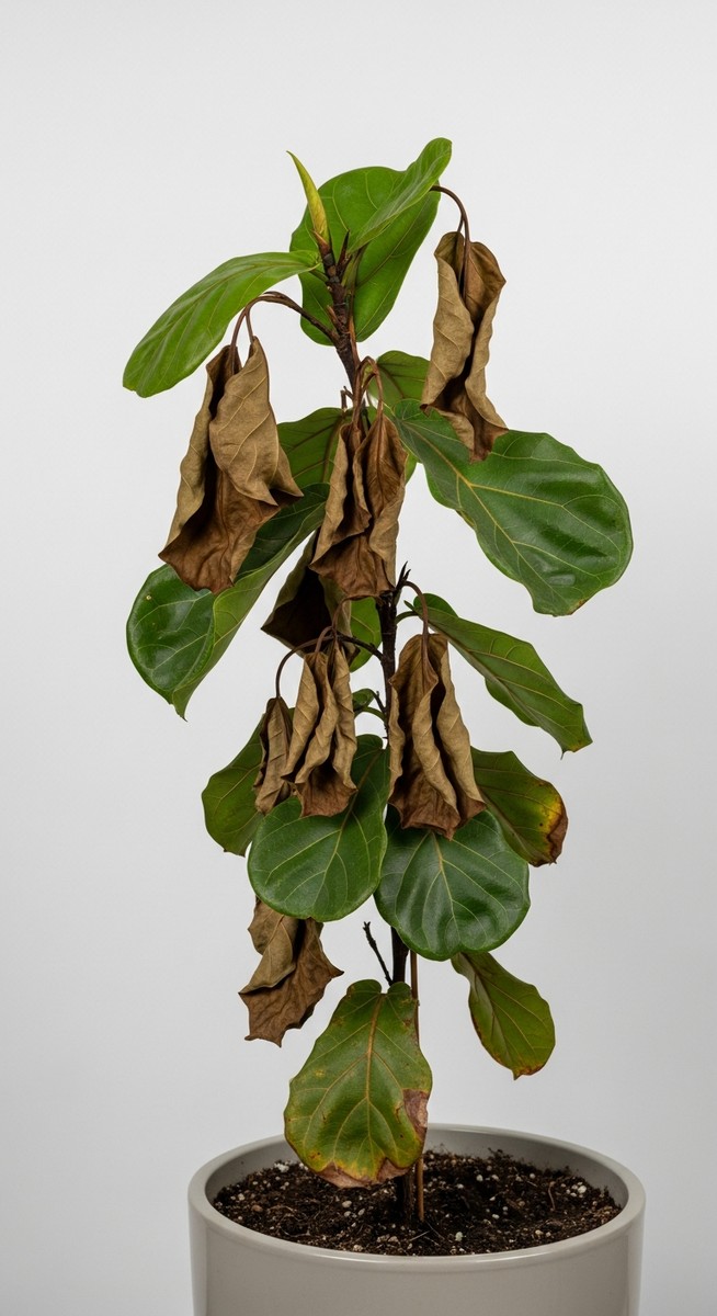 A struggling fiddle leaf fig houseplant in a pot with brown, for dead fiddle leaf fig