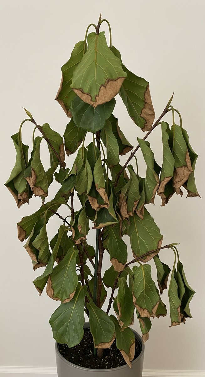 A struggling fiddle leaf fig houseplant in a pot with brown