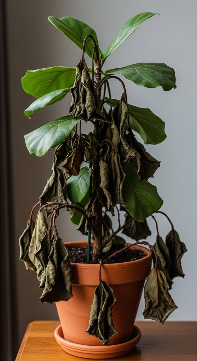 A struggling fiddle leaf fig houseplant in a pot with brown, for dead fiddle leaf fig
