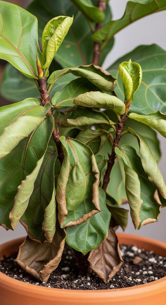 A struggling fiddle leaf fig houseplant in a pot with brown
