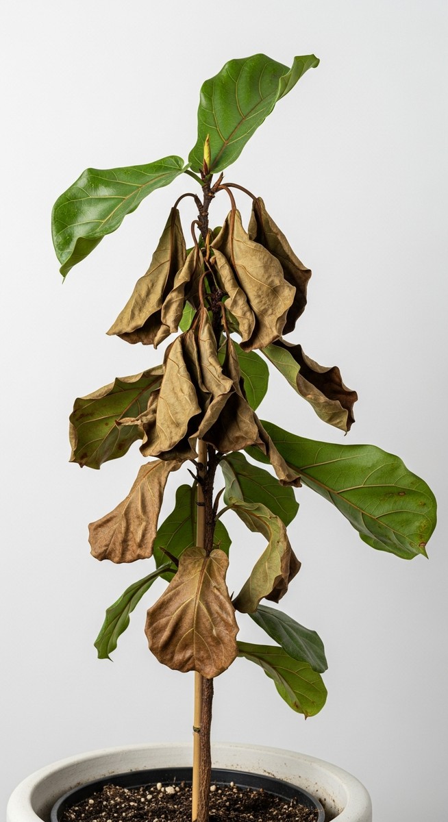 A struggling fiddle leaf fig houseplant in a pot with brown, for dead fiddle leaf fig