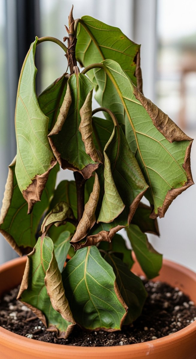 A struggling fiddle leaf fig houseplant in a pot with brown