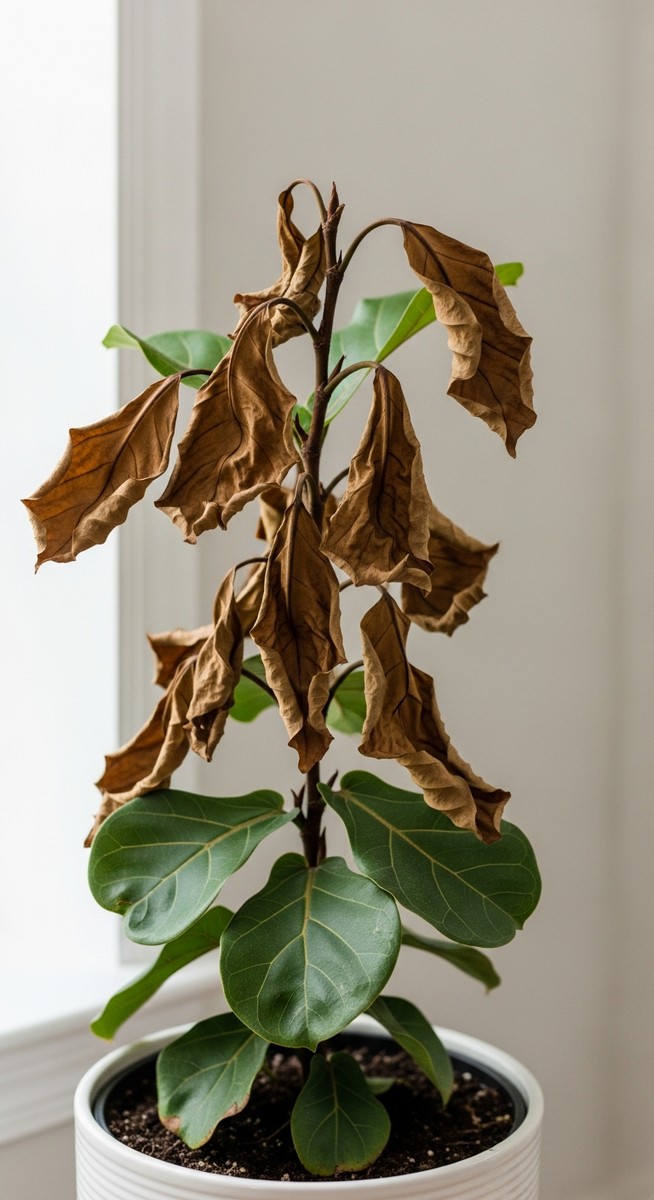 A struggling fiddle leaf fig houseplant in a pot with brown, for dead fiddle leaf fig