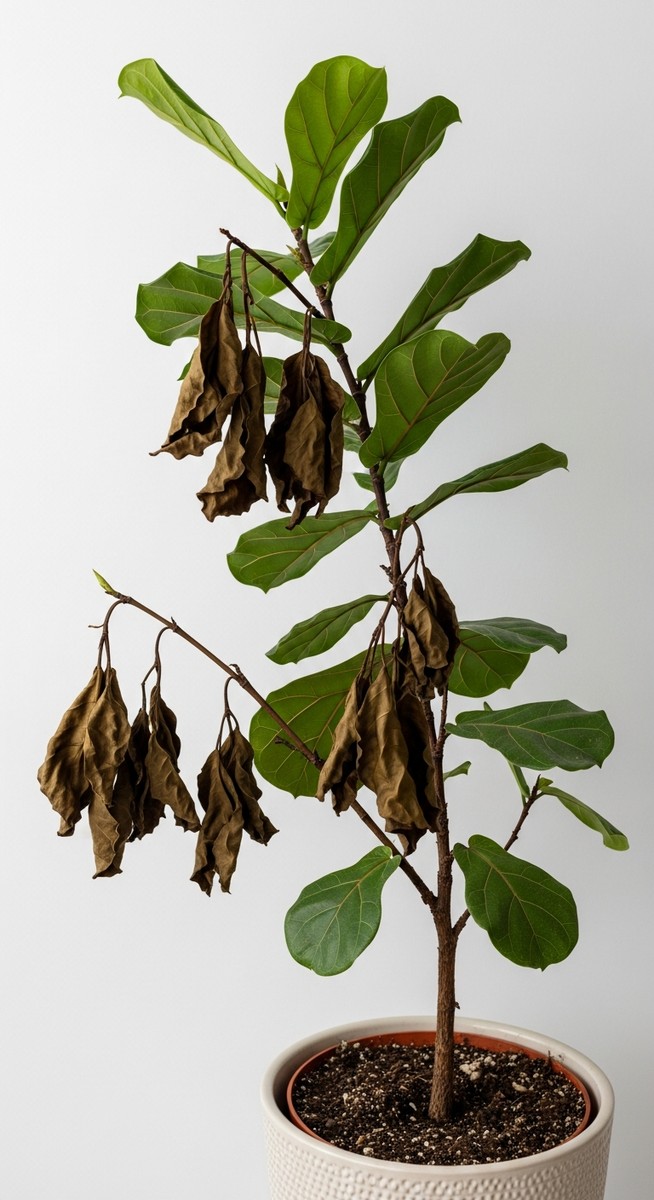 A struggling fiddle leaf fig houseplant in a pot with brown