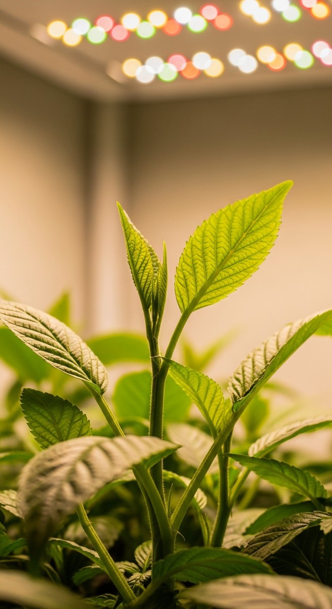 close-up of led led leaves thriving under grow light