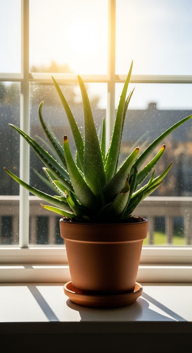 wide shot of a a sun-loving houseplant such as a cactus or aloe vera positioned in a bright windowsill with strong direct sunlight streaming in