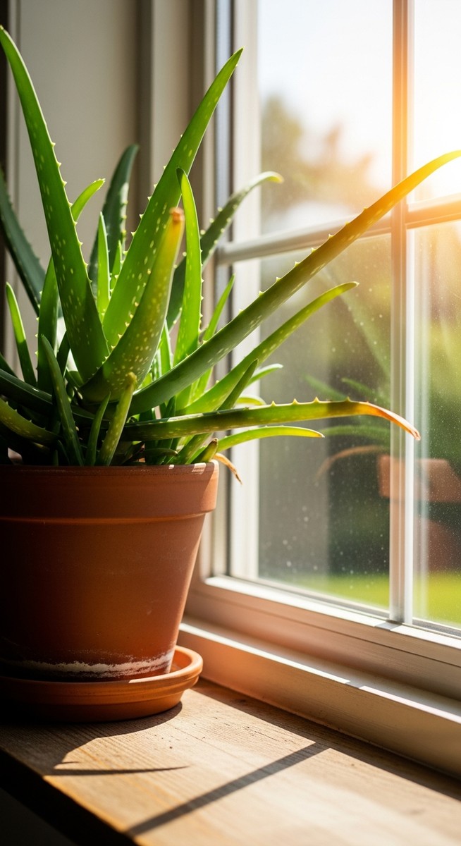 a a sun-loving houseplant such as a cactus or aloe vera growing toward the light source in a bright windowsill with strong direct sunlight streaming in, for direct sunlight