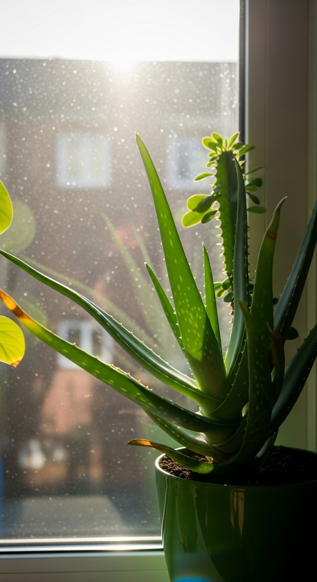 a a sun-loving houseplant such as a cactus or aloe vera with its leaves oriented toward the light in a bright windowsill with strong direct sunlight streaming in